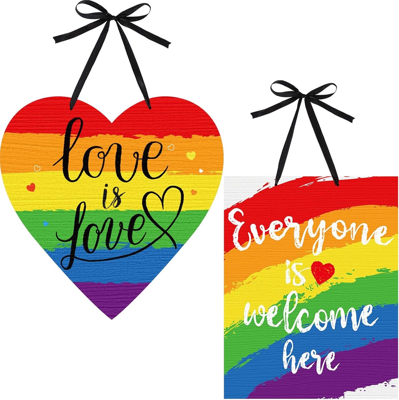 2 Pieces Rainbow Pride Sign Everyone is Welcome Here Sign Love is Love Wood Hanging Decoration Double Sided Printing Wall Door Window Decor for Rainbow Pride Party